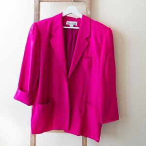 EVAN PICONE VINTAGE 100% SILK OPEN FRONT POCKETED BLAZER HOT PINK SZ 10